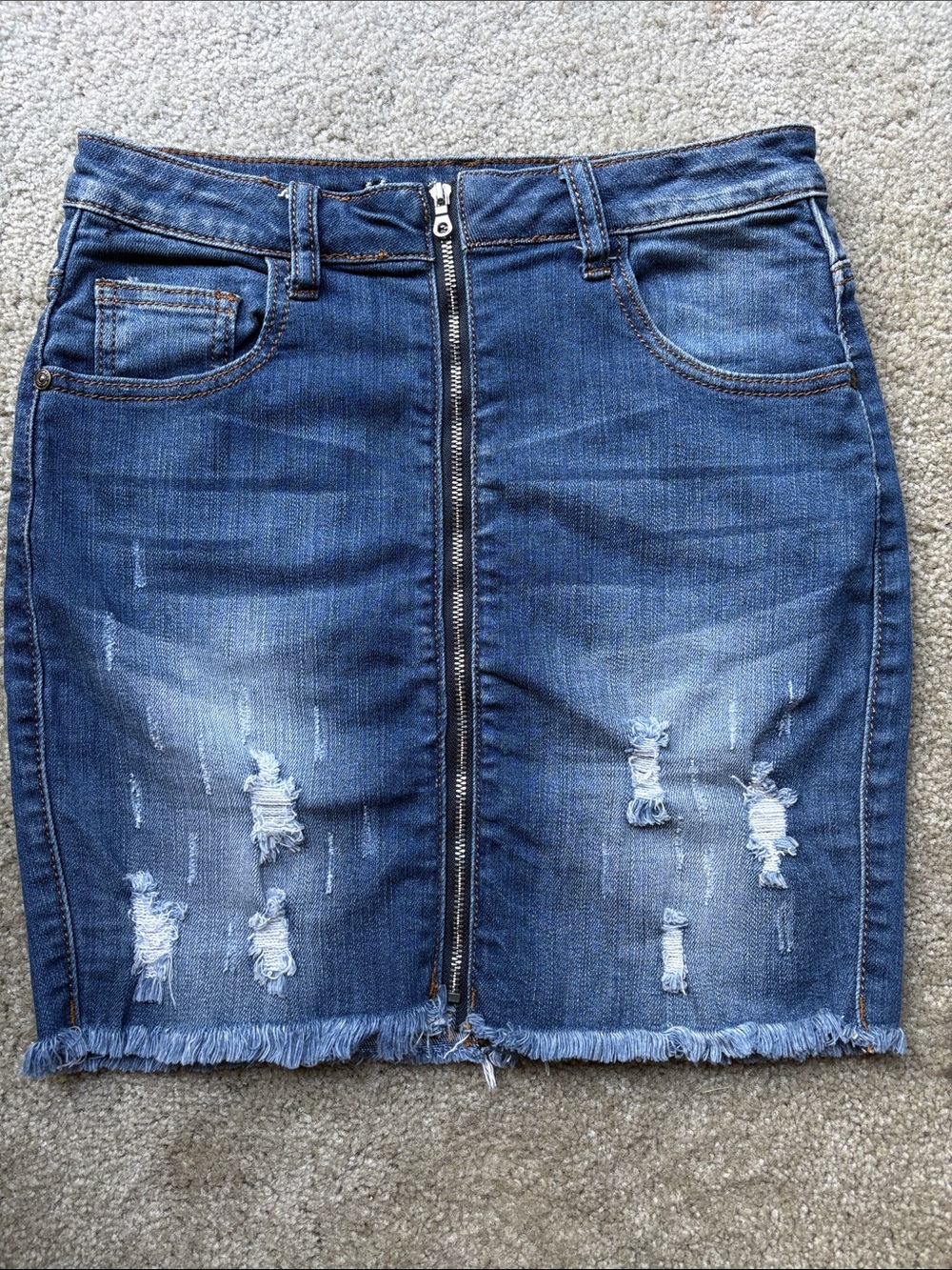 Machine Blue Distressed Zip-Front Denim Pencil Skirt